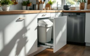 Meuble bas de cuisine ouvert montrant une poubelle coulissante à plusieurs compartiments pour le tri sélectif, avec un espace dédié aux biodéchets.