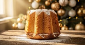 Pandoro doré saupoudré de sucre glace sur une table en bois rustique de Noël