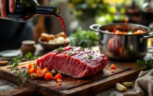 Civet de gibier en préparation sur une table de cuisine avec de la viande, des carottes, des oignons, de l’ail, des herbes et du vin rouge versé dans une casserole.