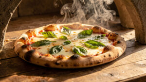 Pizza maison fraîchement sortie du four, avec une croûte dorée et alvéolée, de la mozzarella fondante et des feuilles de basilic frais, éclairée par une lumière naturelle chaleureuse.