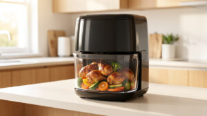 Appareil de cuisson compact posé sur un plan de travail lumineux, avec un récipient en verre rempli de légumes rôtis et de poulet doré dans une cuisine familiale contemporaine.