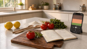 Cuisine lumineuse avec un smartphone diffusant un podcast culinaire près d’un carnet de recettes, d’ingrédients frais et d’ustensiles en bois.