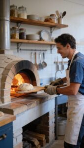 Boulanger chargeant des pains dans un four professionnel de boulangerie.